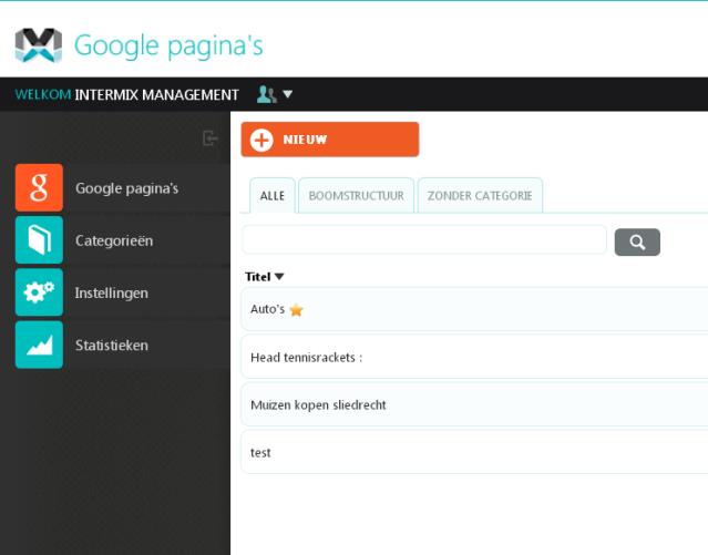 Binnen het menu kan er genavigeerd worden (afhankelijk van de rechten) naar: Google Pagina's Categorieën Instellingen Statistieken Voor de gehele module gelden er standaard functies o.a. met de betekenis en werking van bepaalde knoppen: - Voorbeeld weergave, in dit geval van de gegenereerde Google pagina.