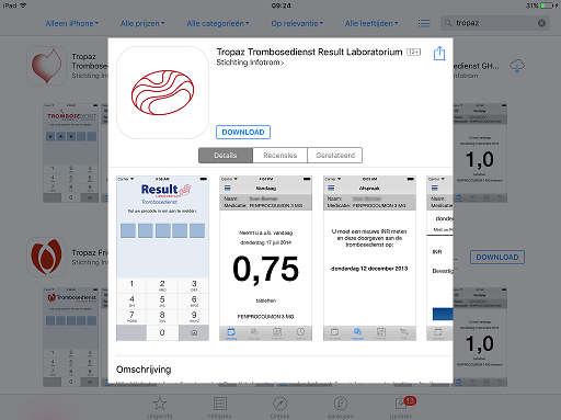 Vervolgens komt de Tropaz app van de trombosedienst in beeld, klik op