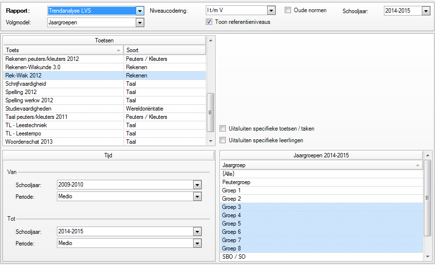 4.1.3 Trendanalyse LVS Het grafische en interactieve rapport Trendanalyse toont de resultaten die de leerlingen van uw school door de jaren heen behalen op een bepaald leerstofgebied, bijvoorbeeld