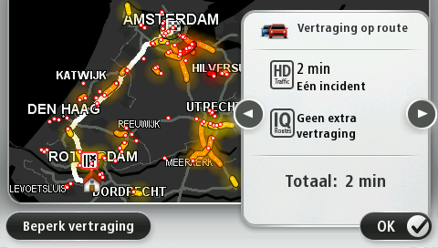 Meer informatie over een incident ontvangen Als je wilt controleren of er vertragingen op je route voorkomen, tik je op Toon verkeersinfo op route in het menu Verkeersinfo.