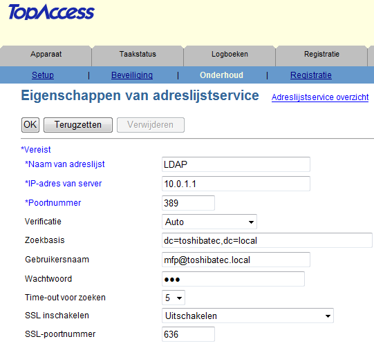 Aanmaken LDAP koppeling Klik op Beheer, ga vervolgens naar Onderhoud, Adreslijstservice. Klik op Nieuw. Geef de naam van de LDAP koppeling op, bijvoorbeeld LDAP Geef het IP-adres van de server op.