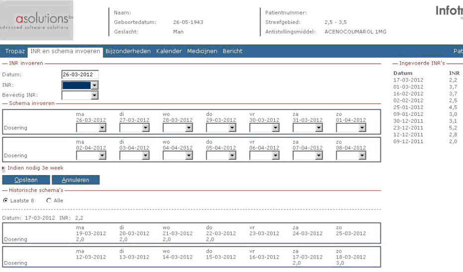 1. INR en schema invoeren Het invoeren van een INR en schema. Zie hieronder een voorbeeldscherm. Aan de rechterkant van het scherm worden de laatste 10 INR waarden getoond.