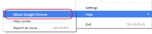 Kies vervolgens de optie 'Help' Klik tot slot op 'About Google Chrome'.