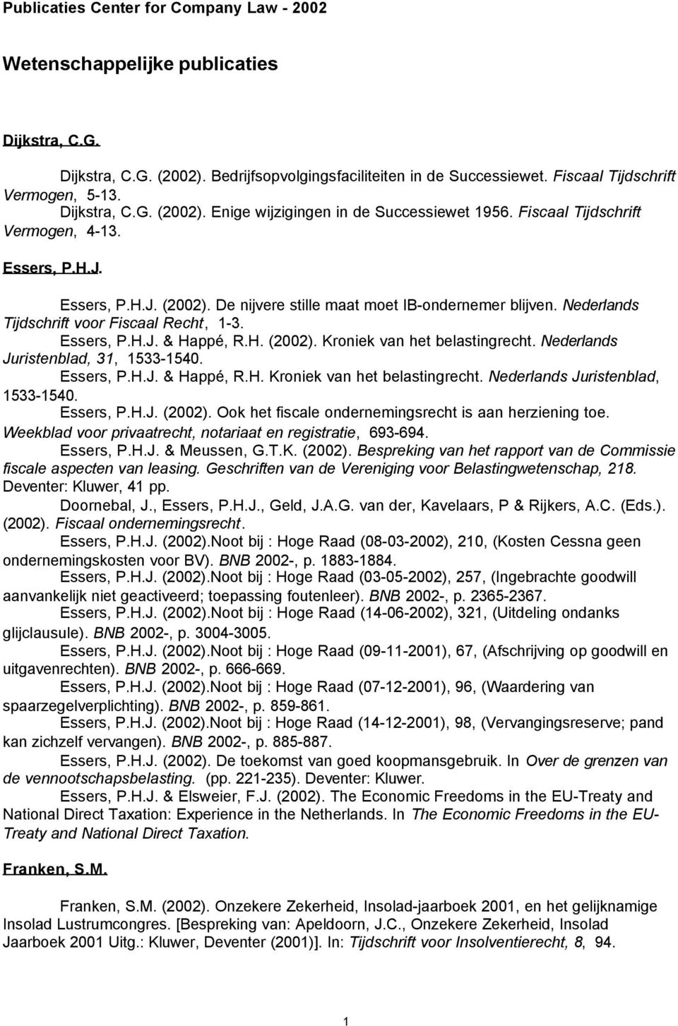 Nederlands Tijdschrift voor Fiscaal Recht, 1-3. Essers, P.H.J. & Happé, R.H. (2002). Kroniek van het belastingrecht. Nederlands Juristenblad, 31, 1533-1540. Essers, P.H.J. & Happé, R.H. Kroniek van het belastingrecht. Nederlands Juristenblad, 1533-1540.