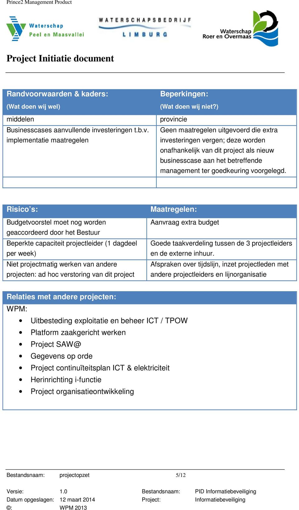 Risico s: Budgetvoorstel moet nog worden geaccordeerd door het Bestuur Beperkte capaciteit projectleider (1 dagdeel per week) Niet projectmatig werken van andere projecten: ad hoc verstoring van dit