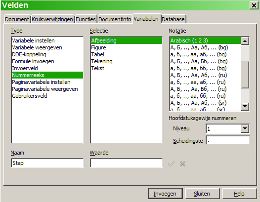 Afbeelding 7: Definiëren van een variabele voor een nummerbereik 3) In de lijst Type, selecteer Nummerreeks. In de lijst Notatie, selecteer Arabisch (1 2 3). Typ wat u wilt in het veld Naam.