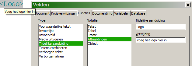 Een veld voor een tijdelijke aanduiding invoegen in een document: 1) Selecteer, op de tabpagina Functies van het dialoogvenster Velden, Tijdelijke aanduiding in de kolom Type en selecteer waar de