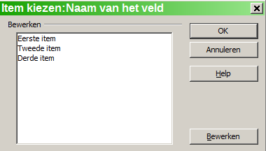 Afbeelding 22: Definiëren van een veld voor een invoerlijst 2) Typ de namen voor de lijstitems in het vak Item linksboven en klik op Toevoegen na elk item.