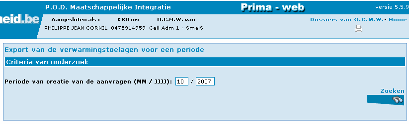 U opent de homepage en klikt op "Export van de verwarmingstoelagen voor een periode". Standaard biedt het systeem u de huidige maand in het huidige jaar aan als periode.