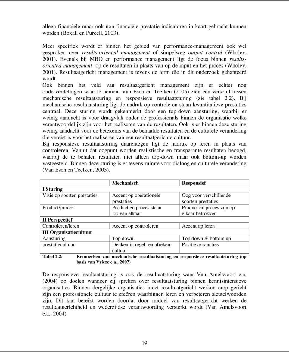 Evenals bij MBO en performance management ligt de focus binnen resultsoriented management op de resultaten in plaats van op de input en het proces (Wholey, 2001).