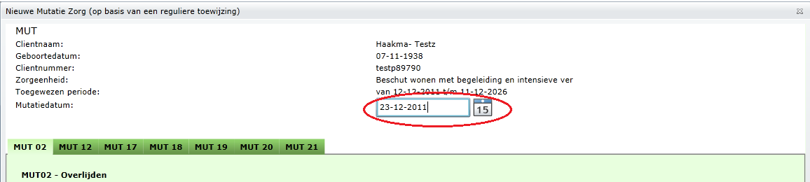 In het bovenstaande scherm kan gekozen worden voor een aantal MUT-soorten: MUT 02 (Overlijden) MUT 12 (Cliënt wil de zorg nog niet) MUT 17 (Overplaatsing) MUT 18 (Zorgaanbieder kan de zorg nog niet