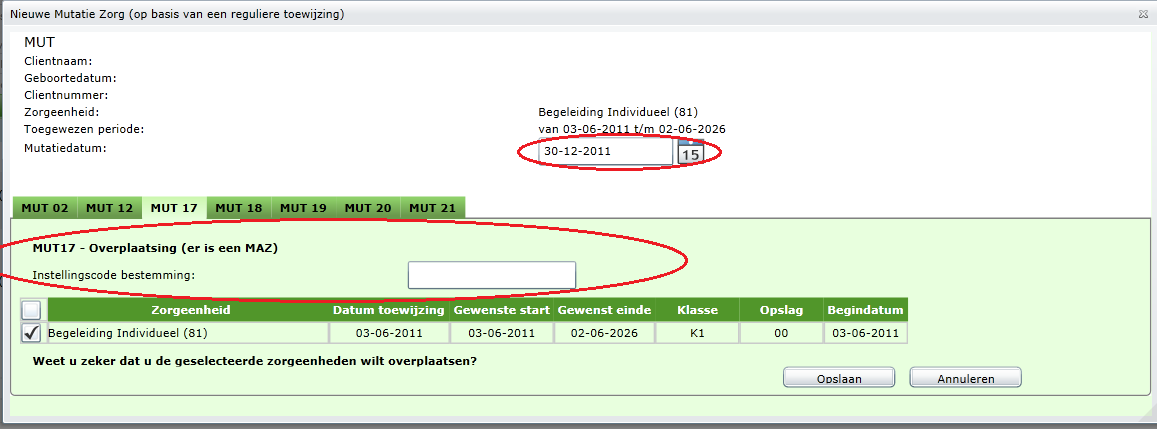 8.1.3 MUT 17 Als een ZZP of functie overgeplaatst moet worden naar een andere zorgaanbieder kan dit gedaan worden via een MUT 17. Let Op! Het gaat hier om een overplaatsing na de MAZ.