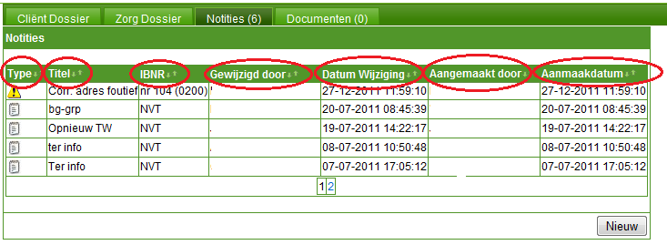 11.3 Notitie sorteren De sortering van de gegevenslijst Notitie overzicht kan worden ingesteld door middel van de kolomlabel.