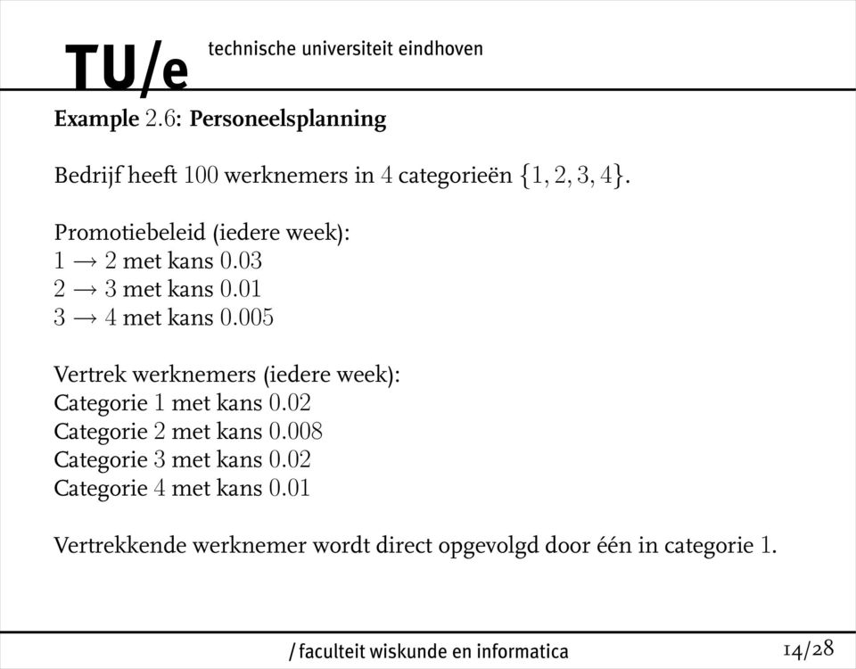 005 Vertrek werknemers (iedere week): Categorie 1 met kans 0.02 Categorie 2 met kans 0.