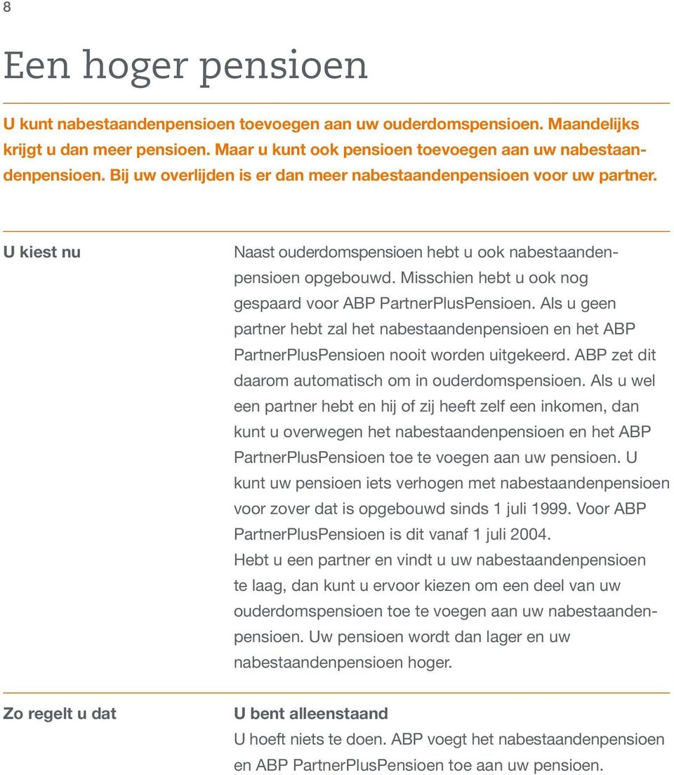 Misschien hebt u ook nog gespaard voor ABP PartnerPlusPensioen. Als u geen partner hebt zal het nabestaandenpensioen en het ABP PartnerPlusPensioen nooit worden uitgekeerd.