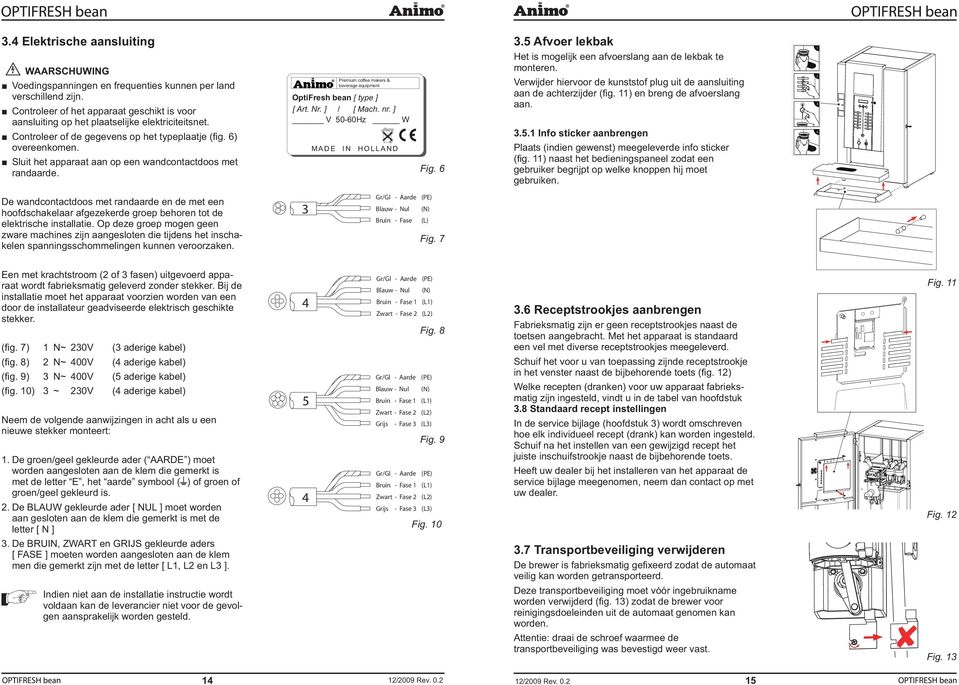 Sluit het apparaat aan op een wandcontactdoos met randaarde. Premium coffee makers & beverage equipment OptiFresh bean [ type ] [ Art. Nr. ] / [ Mach. nr. ] V 060Hz W MADE IN HOLLAND Fig. 6.