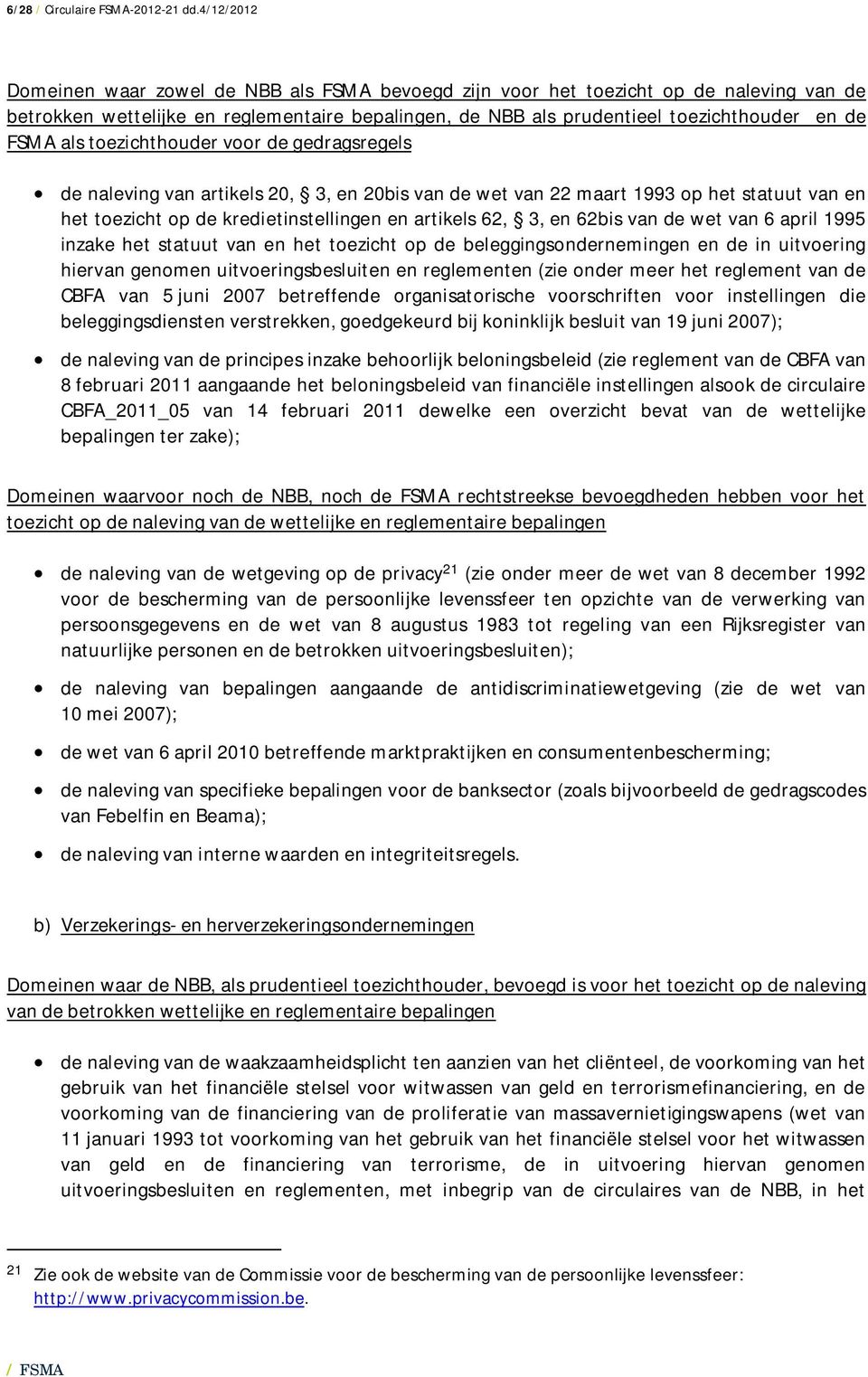 als toezichthouder voor de gedragsregels de naleving van artikels 20, 3, en 20bis van de wet van 22 maart 1993 op het statuut van en het toezicht op de kredietinstellingen en artikels 62, 3, en 62bis