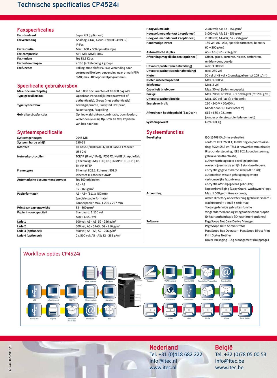 100 (enkelvoudig + groep) Polling; time shift; PC-Fax; verzending naar vertrouwelijke box; verzending naar e-mail/ftp/ SMB; max. 00 opdrachtprogramma s Specificatie gebruikersbox Max.