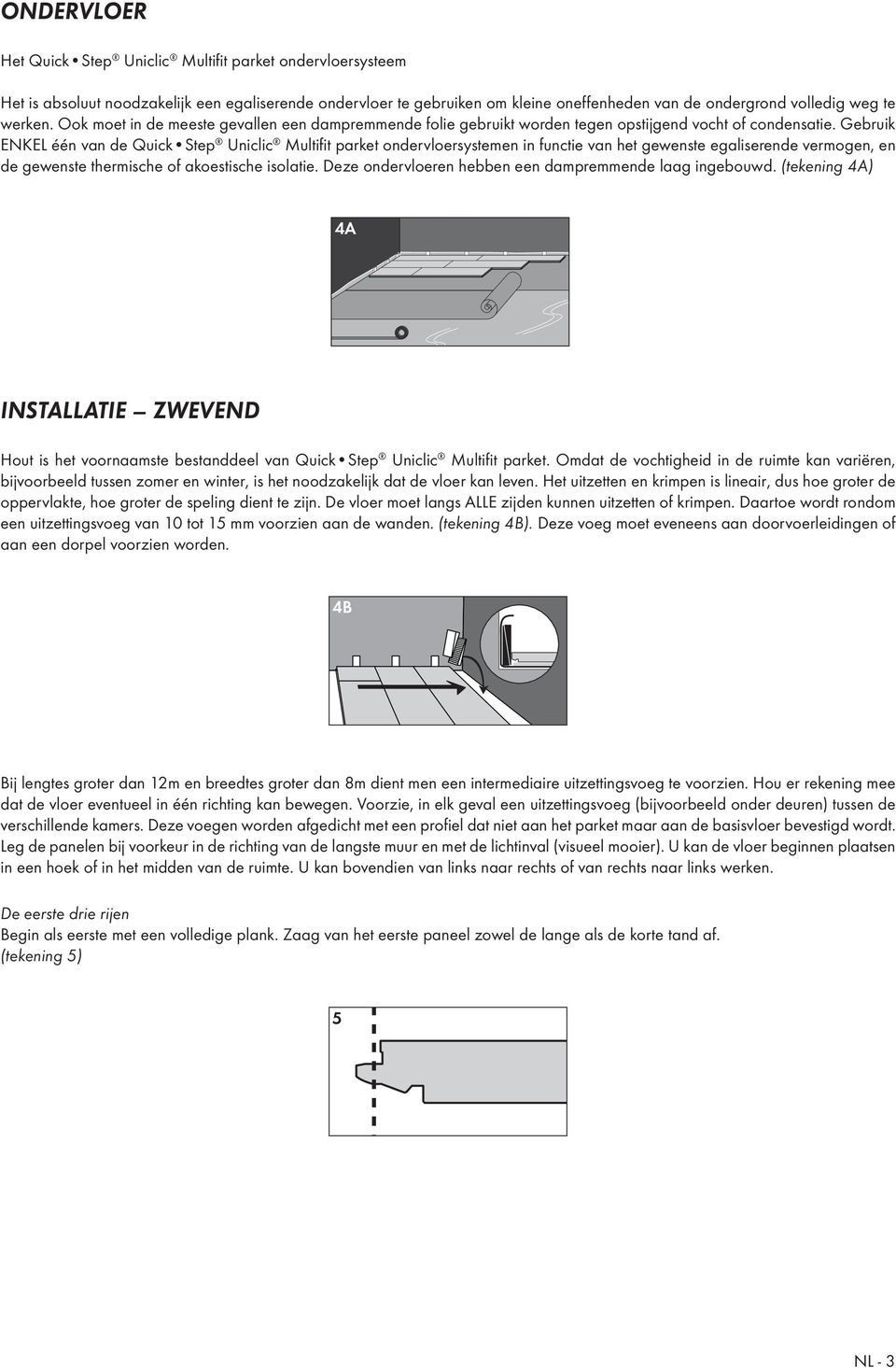 Gebruik ENKEL één van de Quick Step Uniclic Multifi t parket ondervloersystemen in functie van het gewenste egaliserende vermogen, en de gewenste thermische of akoestische isolatie.