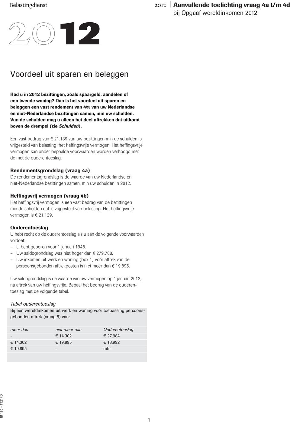 Van de schulden mag u alleen het deel aftrekken dat uitkomt boven de drempel (zie Schulden). Een vast bedrag van 21.