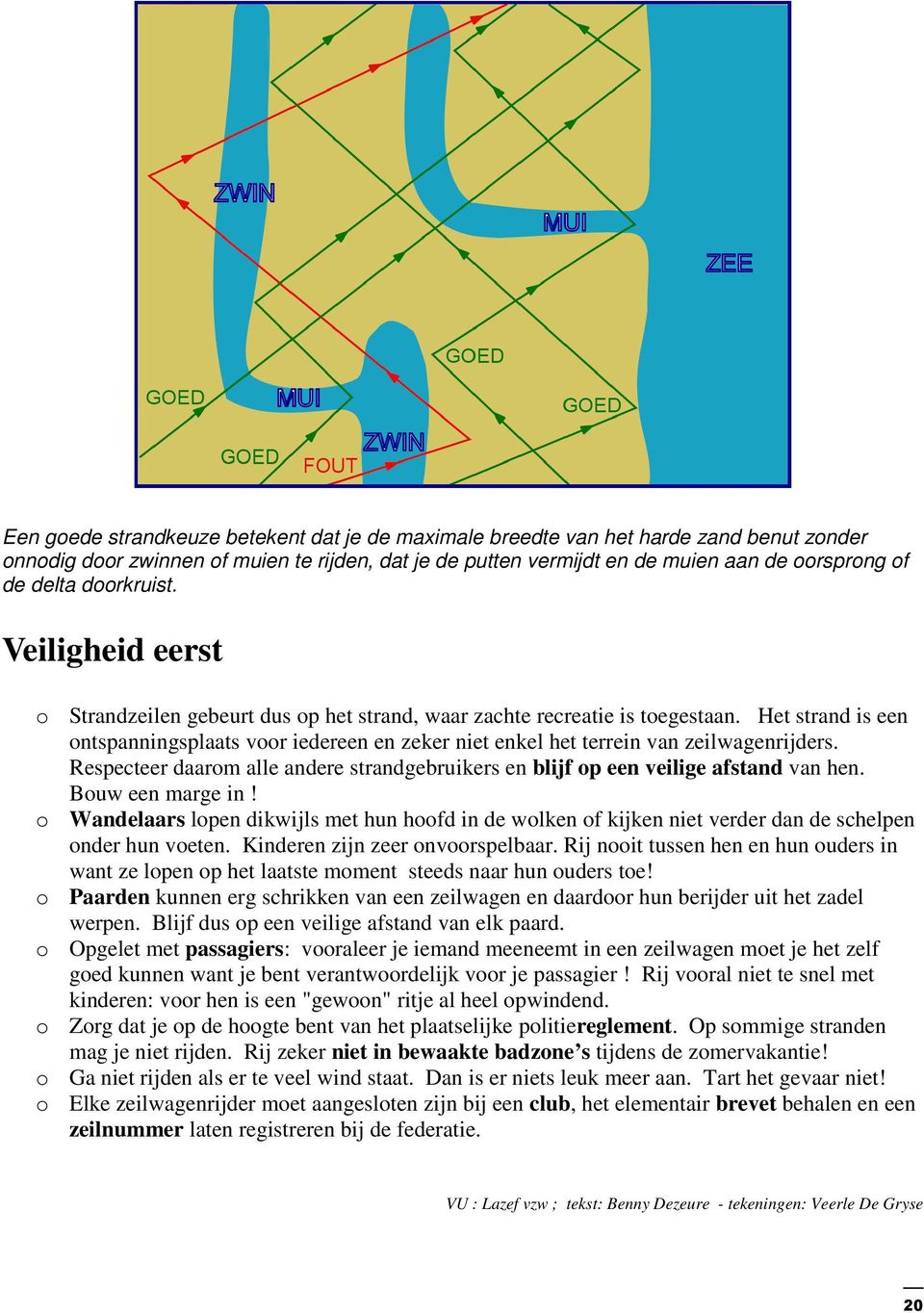 Het strand is een ontspanningsplaats voor iedereen en zeker niet enkel het terrein van zeilwagenrijders. Respecteer daarom alle andere strandgebruikers en blijf op een veilige afstand van hen.