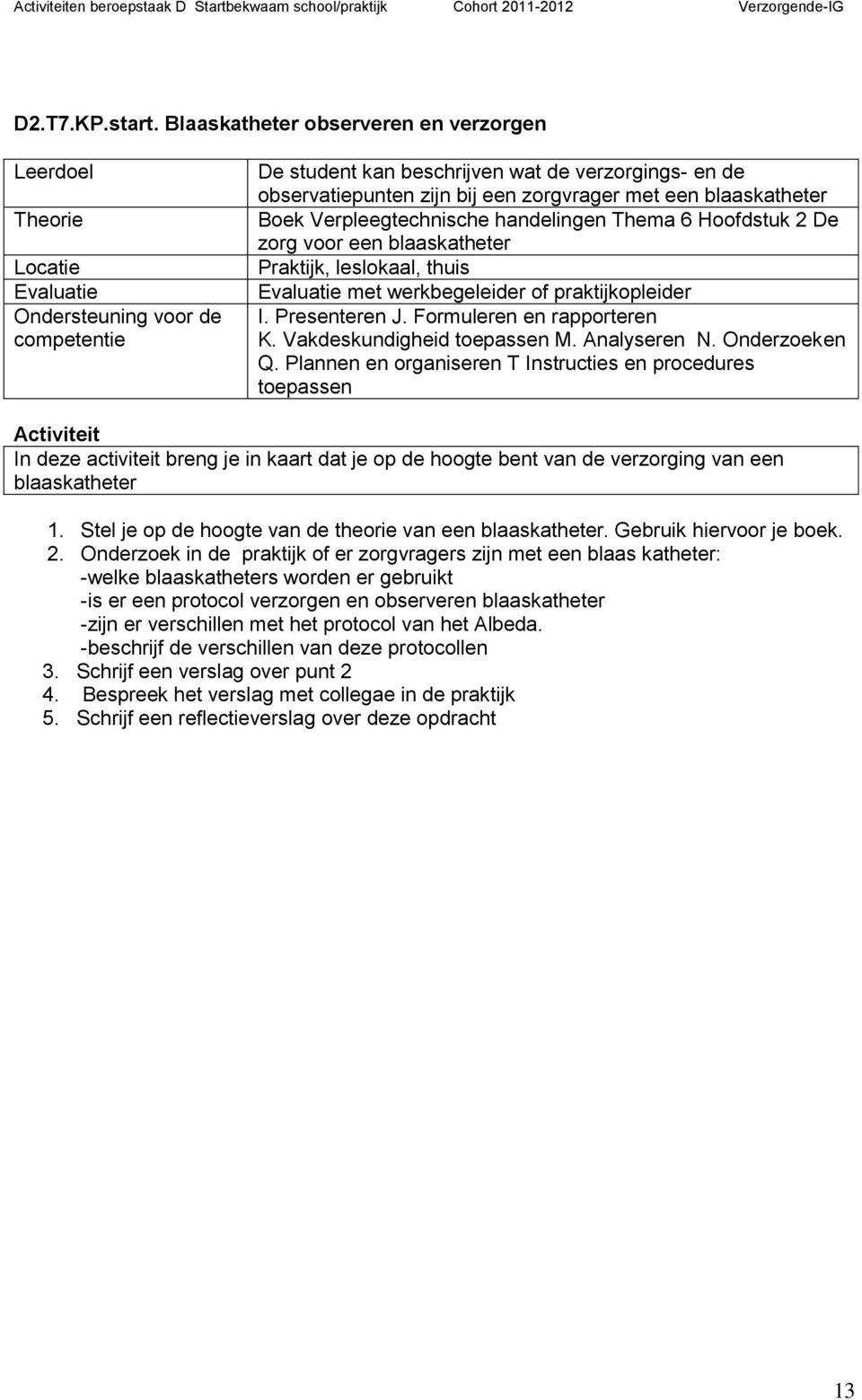 Hoofdstuk 2 De zorg voor een blaaskatheter met werkbegeleider of praktijkopleider I. Presenteren J. Formuleren en rapporteren K. Vakdeskundigheid toepassen M. Analyseren N. Onderzoeken Q.