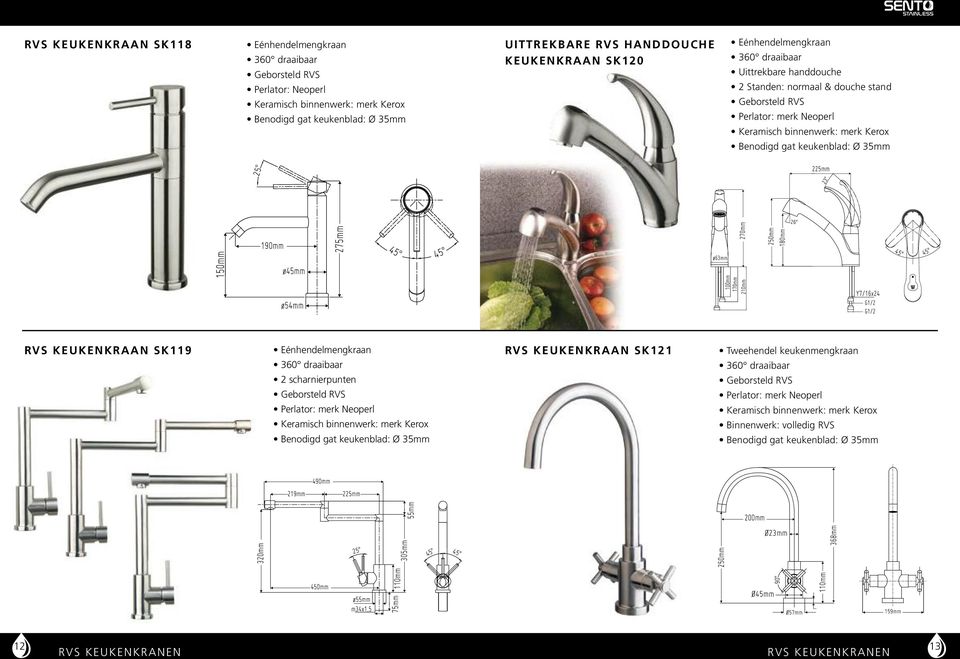 normaal & douche stand RVS KEUKENKRAAN SK119 2 scharnierpunten