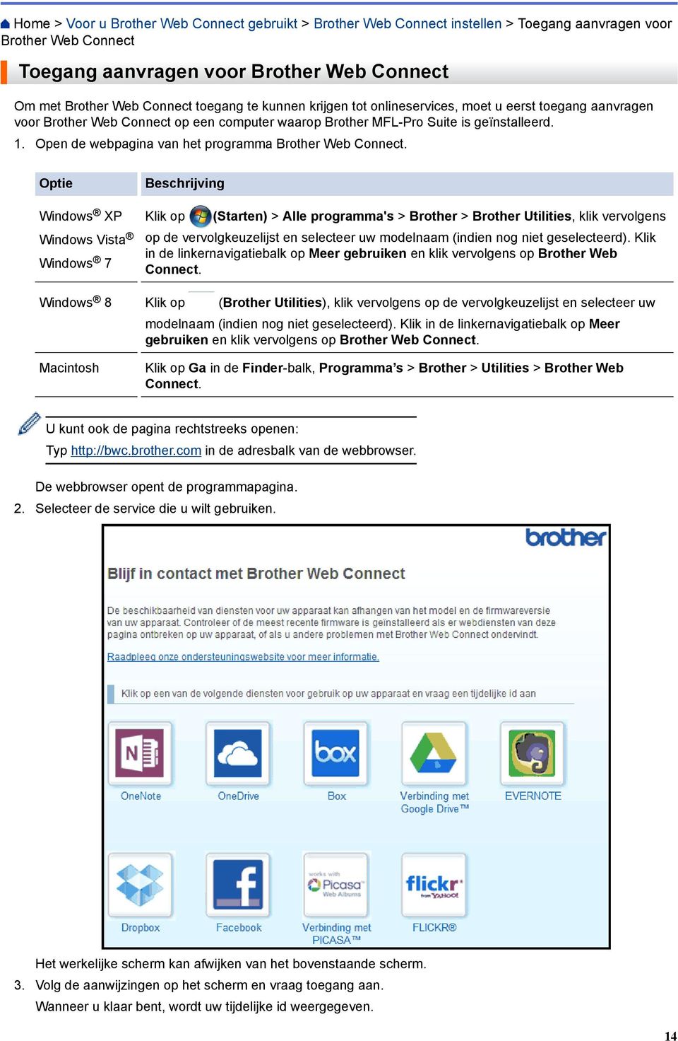 Open de webpagina van het programma Brother Web Connect.