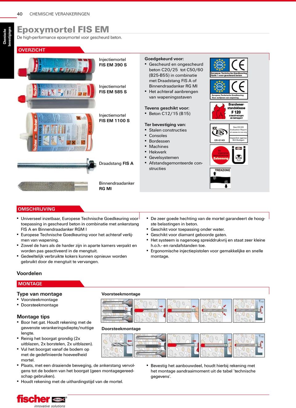 RG MI Het achteraf aanbrengen van wapeningsstaven Europese T e chnische Goedkeuring Voor verlijmen van wapening Injectiemortel FIS EM 1100 S Draadstang FIS A Tevens geschikt voor: Beton C12/15 (B15)