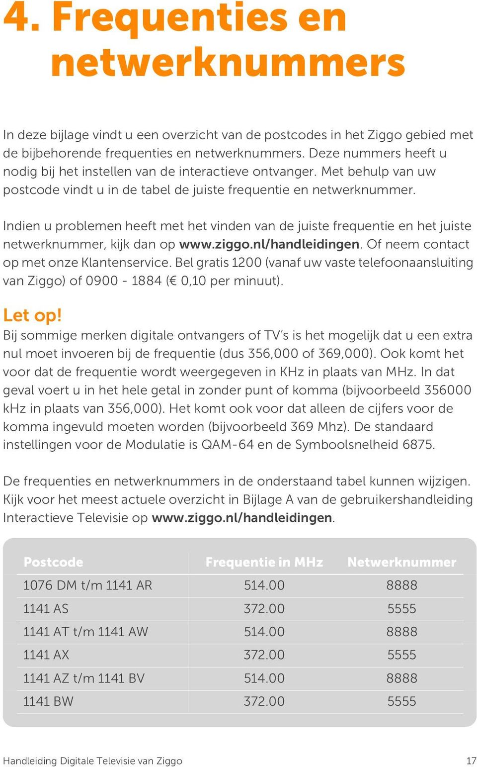 Indien u problemen heeft met het vinden van de juiste frequentie en het juiste netwerknummer, kijk dan op www.ziggo.nl/handleidingen. Of neem contact op met onze Klantenservice.