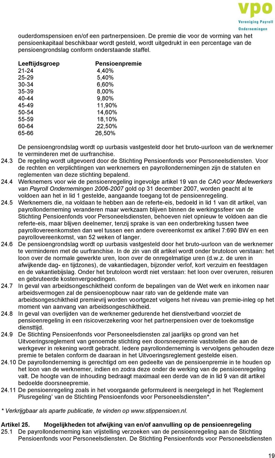 Leeftijdsgroep Pensioenpremie 21-24 4,40% 25-29 5,40% 30-34 6,60% 35-39 8,00% 40-44 9,80% 45-49 11,90% 50-54 14,60% 55-59 18,10% 60-64 22,50% 65-66 26,50% De pensioengrondslag wordt op uurbasis