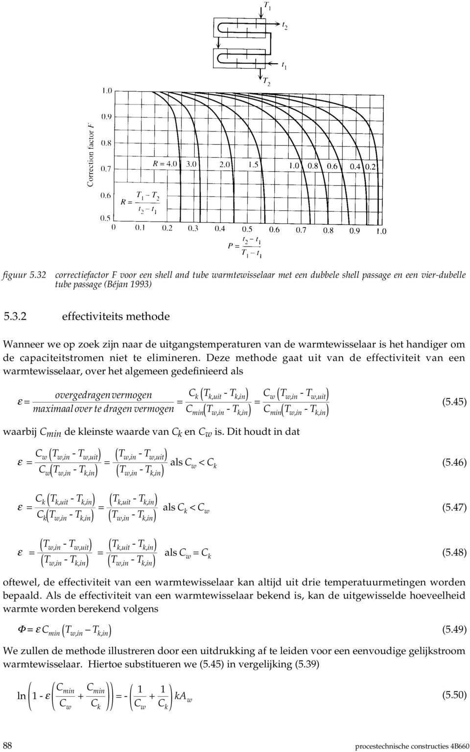 = C w - T w,uit C min - T k,in (5.45) waarbij C min de kleinste waarde van C k en C w is. Dit houdt in dat ε = C w - T w,uit C w - T k,in = - T w,uit - T k,in als C w < C k (5.