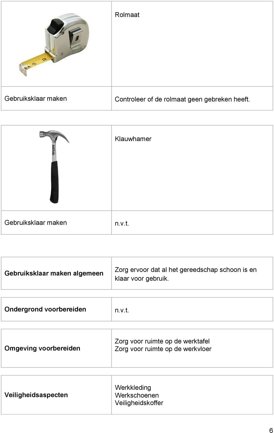 Gebruiksklaar maken algemeen Zorg ervoor dat al het gereedschap schoon is en klaar voor gebruik.