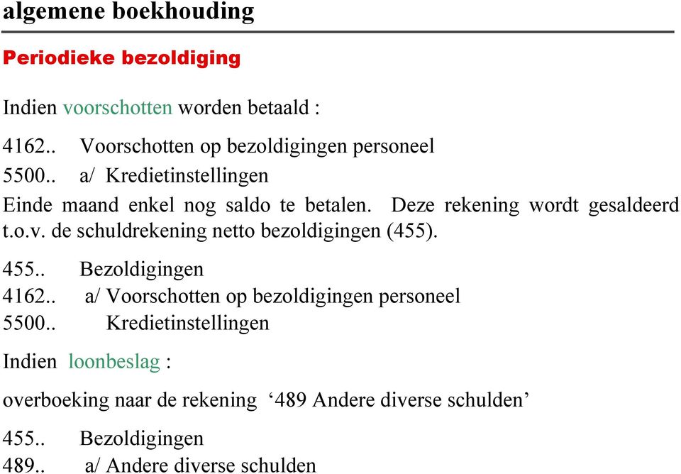 de schuldrekening netto bezoldigingen (455). 455.. Bezoldigingen 4162.. a/ Voorschotten op bezoldigingen personeel 5500.