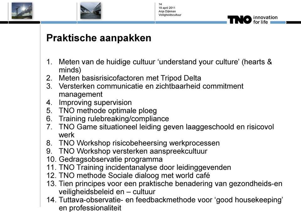 TNO Game situationeel leiding geven laaggeschoold en risicovol werk 8. TNO Workshop risicobeheersing werkprocessen 9. TNO Workshop versterken aanspreekcultuur 10. Gedragsobservatie programma 11.