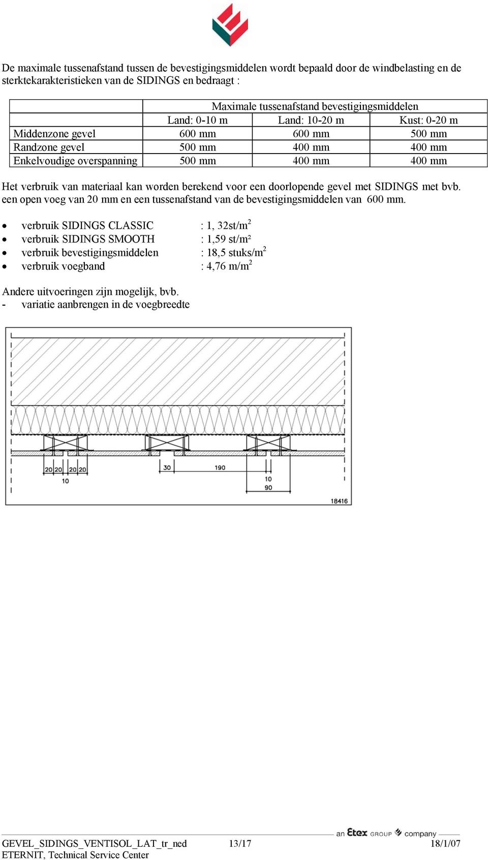 berekend voor een doorlopende gevel met SIDINGS met bvb. een open voeg van 20 mm en een tussenafstand van de bevestigingsmiddelen van 600 mm.