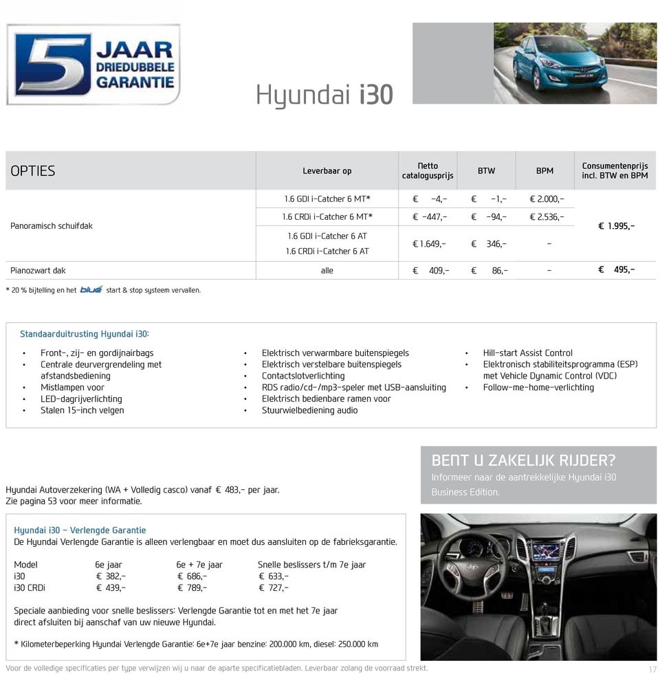 Standaarduitrusting Hyundai i30: Front-, zij- en gordijnairbags Centrale deurvergrendeling met afstandsbediening Mistlampen voor LED-dagrijverlichting Stalen 15-inch velgen Elektrisch verwarmbare