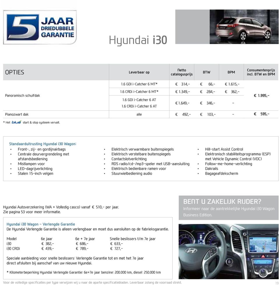Standaarduitrusting Hyundai i30 Wagon: Front-, zij- en gordijnairbags Centrale deurvergrendeling met afstandsbediening Mistlampen voor LED-dagrijverlichting Stalen 15-inch velgen Elektrisch
