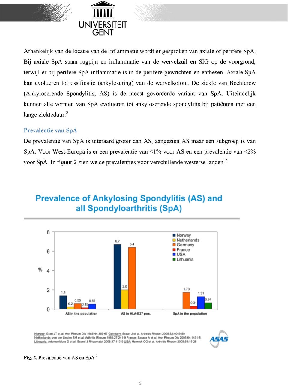 Axiale SpA kan evolueren tot ossificatie (ankylosering) van de wervelkolom. De ziekte van Bechterew (Ankyloserende Spondylitis; AS) is de meest gevorderde variant van SpA.