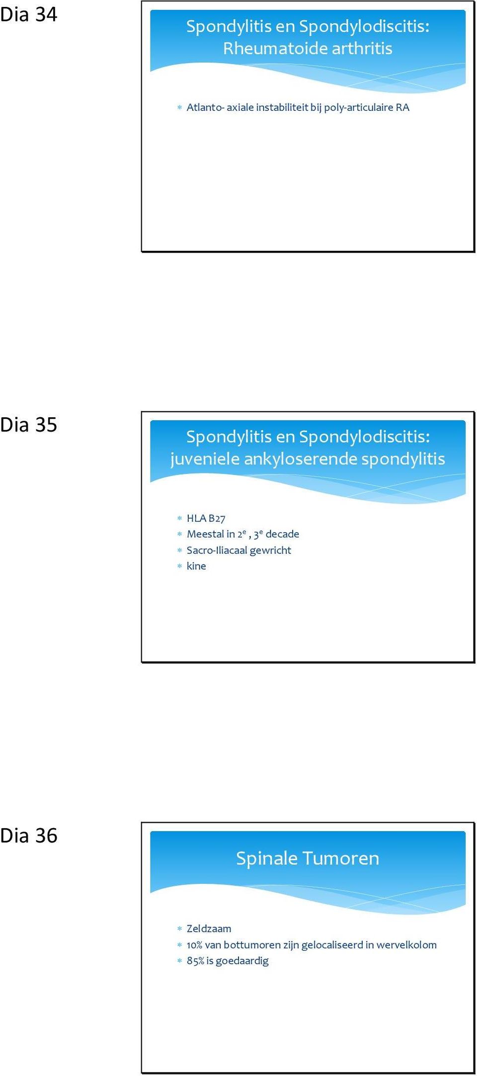 ankyloserende spondylitis HLA B27 Meestal in 2 e, 3 e decade Sacro-Iliacaal gewricht kine