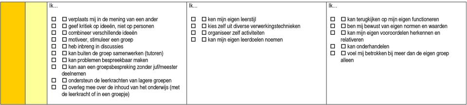 het onderwijs (met de leerkracht of in een groepje) ken mijn eigen leerstijl kies zelf uit diverse verwerkingstechnieken organiseer zelf activiteiten kan mijn eigen leerdoelen noemen kan