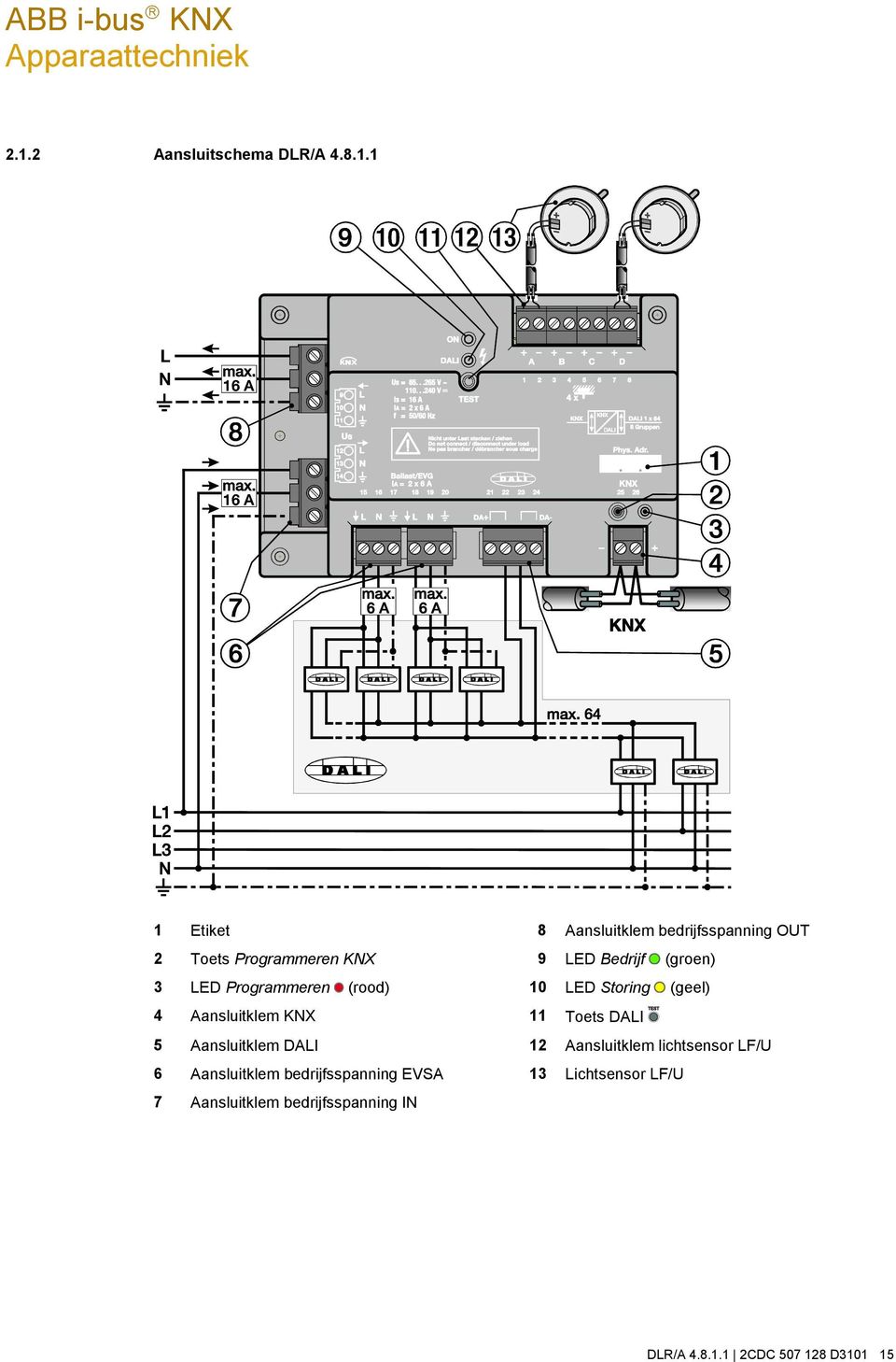 1 1 Etiket 8 Aansluitklem bedrijfsspanning OUT 2 Toets Programmeren KNX 9 LED Bedrijf (groen) 3 LED