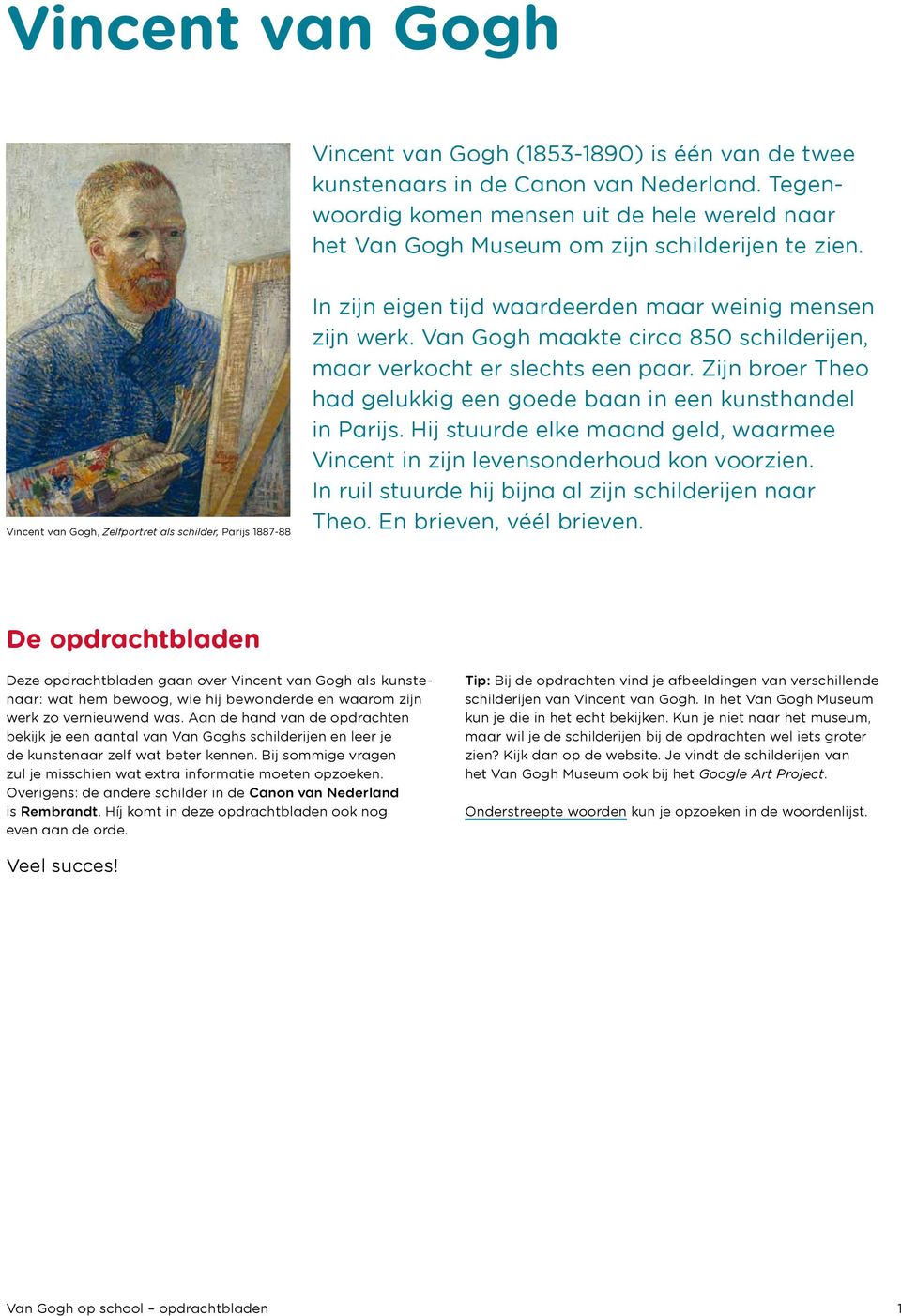 Vincent van Gogh, Zelfportret als schilder, Parijs 1887-88 In zijn eigen tijd waardeerden maar weinig mensen zijn werk. Van Gogh maakte circa 850 schilderijen, maar verkocht er slechts een paar.