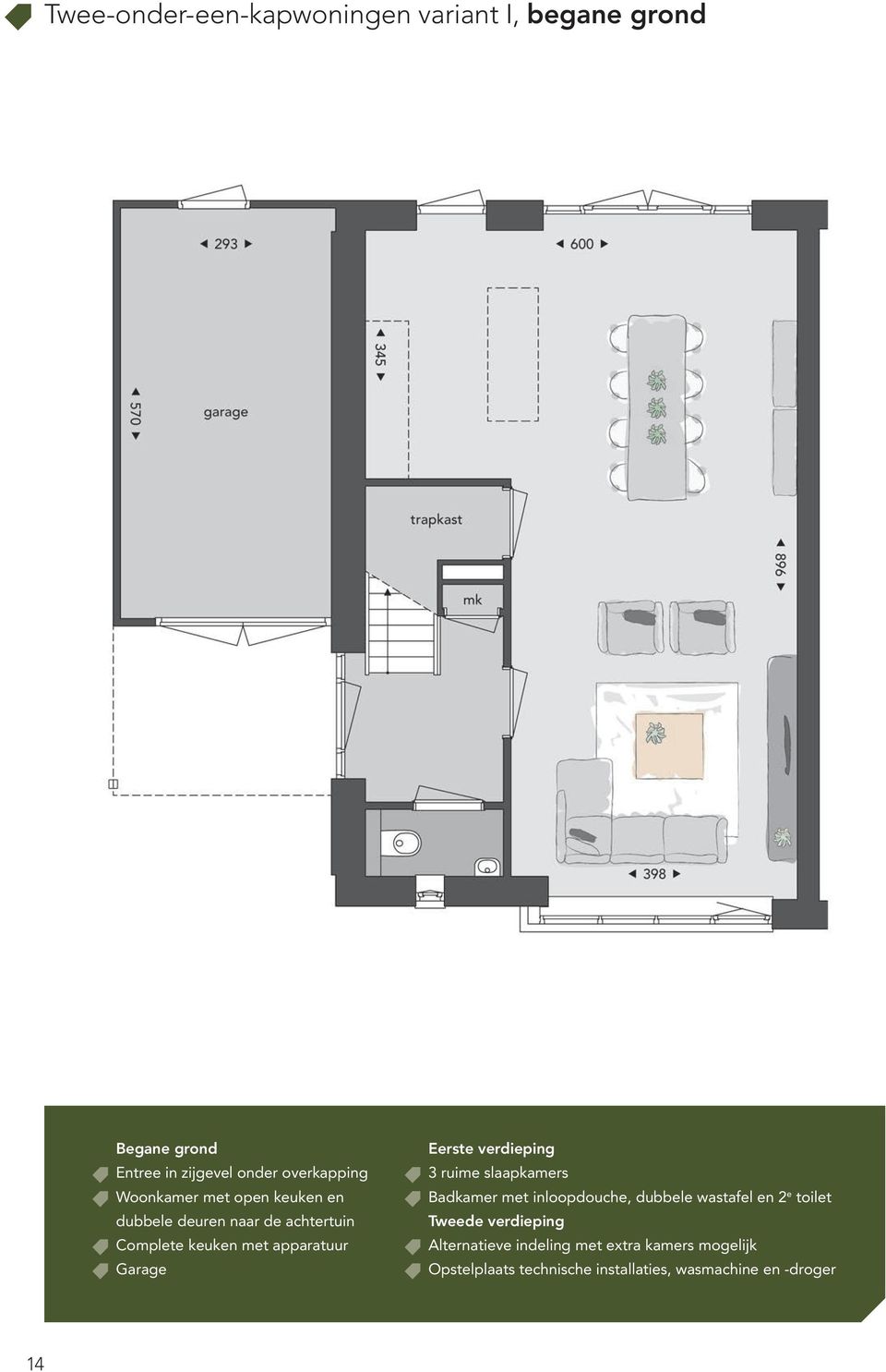 Eerste verdieping 3 ruime slaapkamers Badkamer met inloopdouche, dubbele wastafel en 2 e toilet Tweede