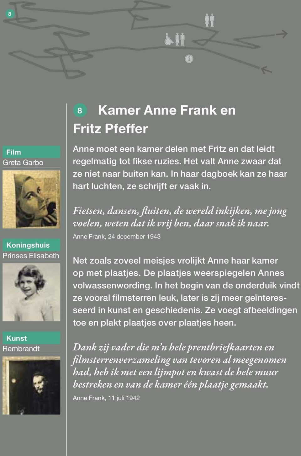 Fietsen, dansen, fluiten, de wereld inkijken, me jong voelen, weten dat ik vrij ben, daar snak ik naar. Anne Frank, 24 december 1943 Net zoals zoveel meisjes vrolijkt Anne haar kamer op met plaatjes.
