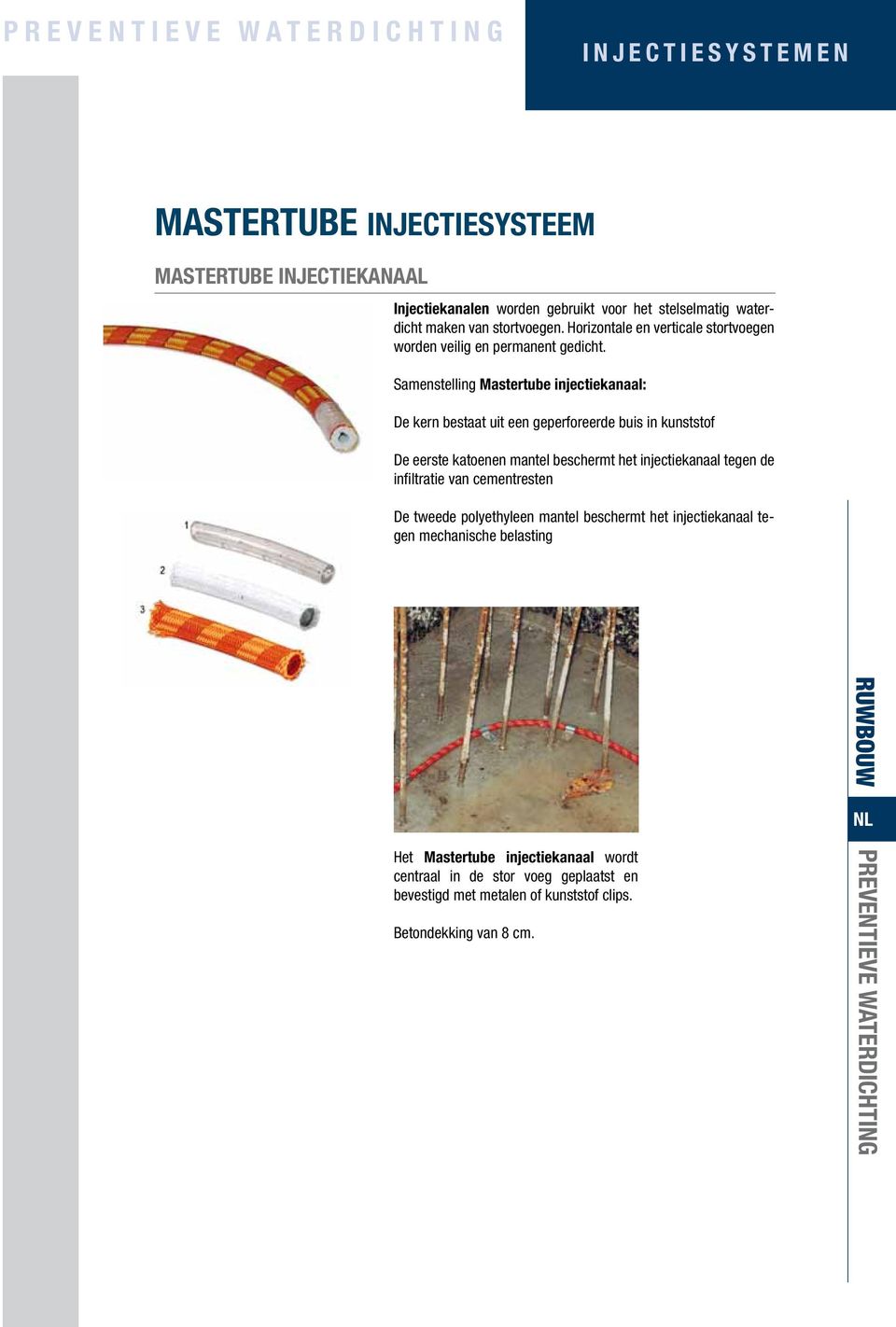 Samenstelling Mastertube injectiekanaal: De kern bestaat uit een geperforeerde buis in kunststof De eerste katoenen mantel beschermt het