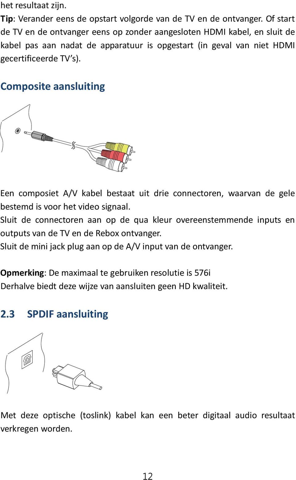 Composite aansluiting Een composiet A/V kabel bestaat uit drie connectoren, waarvan de gele bestemd is voor het video signaal.