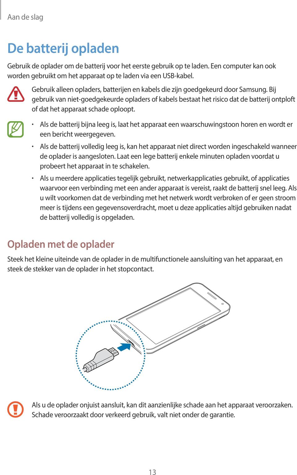 Bij gebruik van niet-goedgekeurde opladers of kabels bestaat het risico dat de batterij ontploft of dat het apparaat schade oploopt.