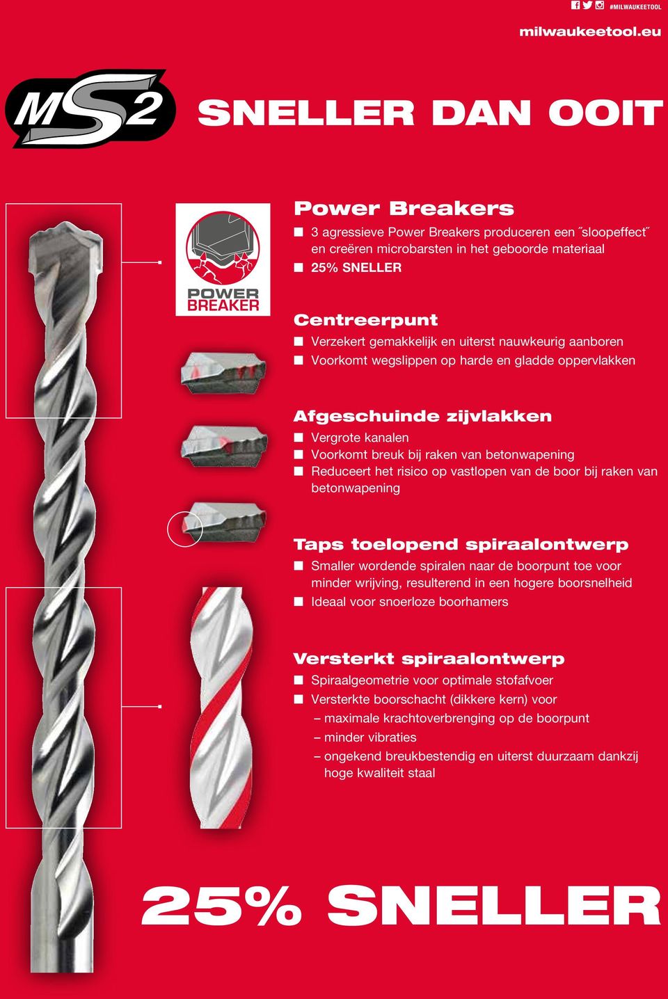 boor bij raken van betonwapening Taps toelopend spiraalontwerp Smaller wordende spiralen naar de boorpunt toe voor minder wrijving, resulterend in een hogere boorsnelheid Ideaal voor snoerloze