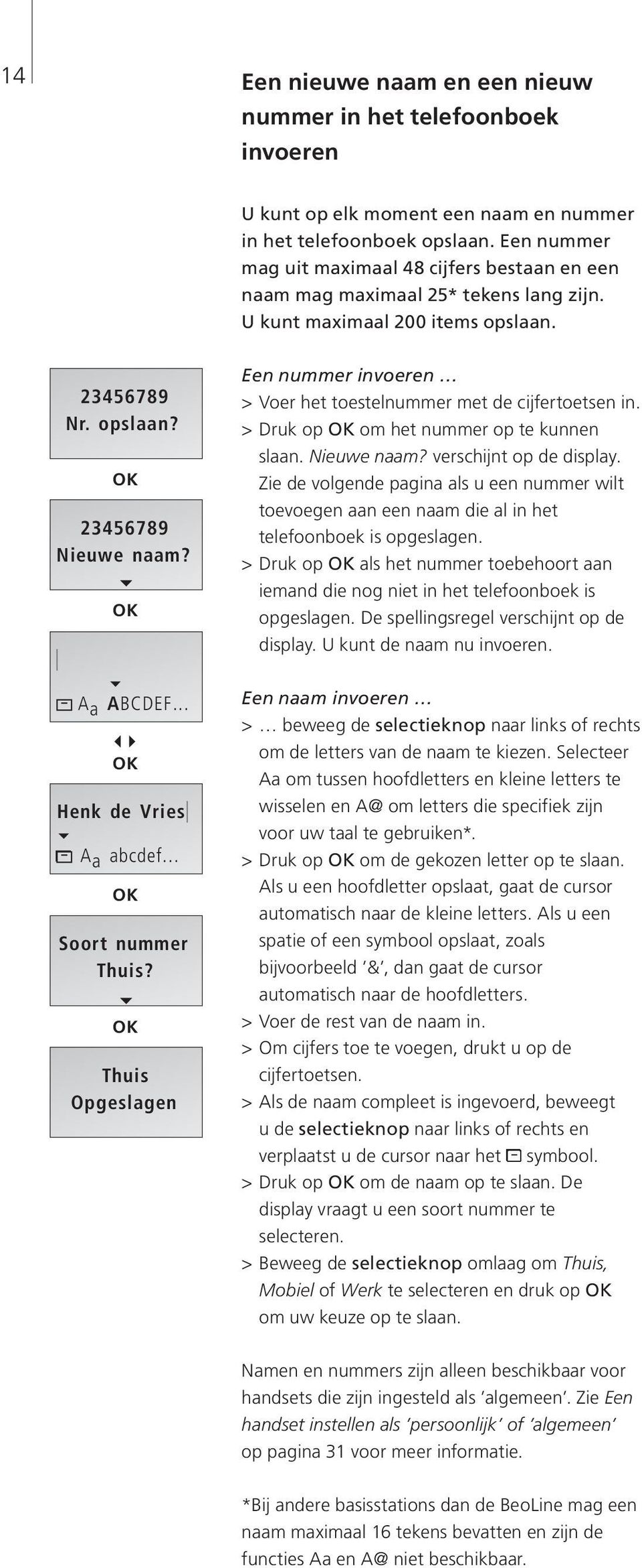 Een nummer invoeren > Voer het toestelnummer met de cijfertoetsen in. > Druk op om het nummer op te kunnen slaan. Nieuwe naam? verschijnt op de display.